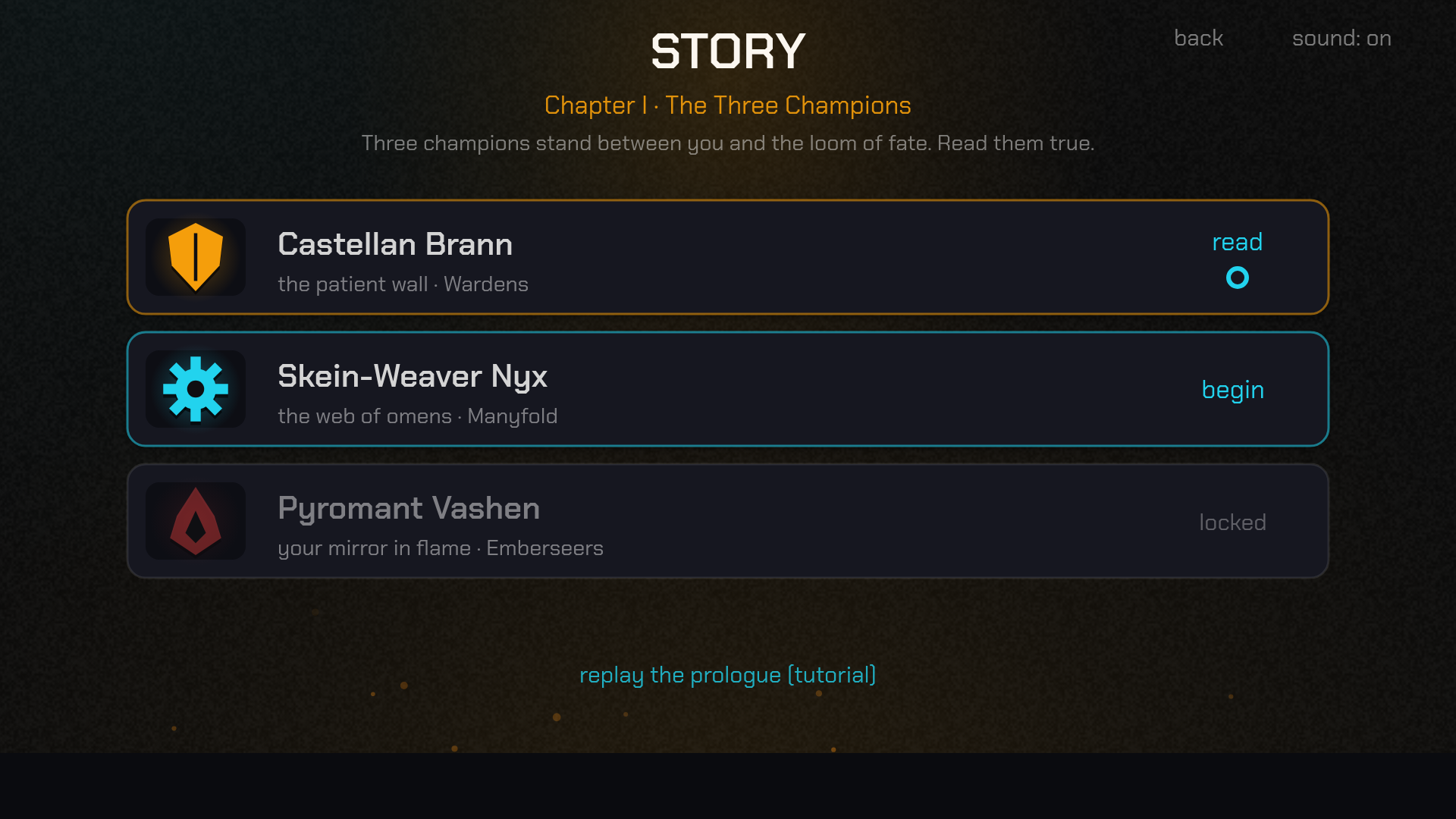 Chapter one, the three champions, with read, begin, and locked states